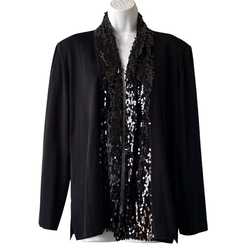 MISOOK Exclusively Black Acrylic Knit Sweater Jacket Cardigan Sequins Trim Sz L